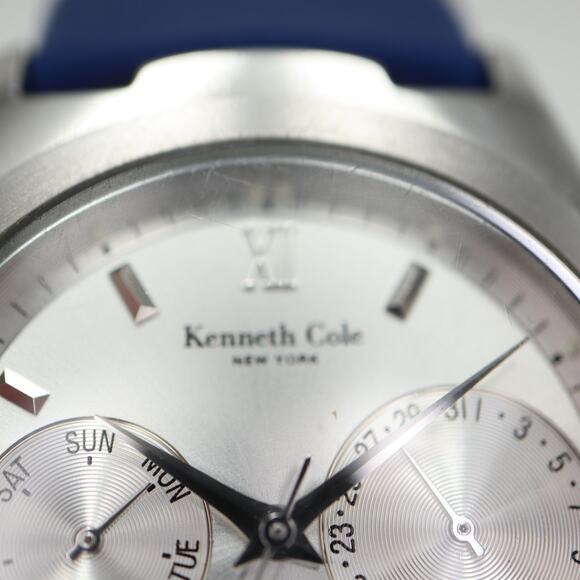 Kenneth Cole NY Mens Day Date Watch 37mm Silver Tone Blue Silicone w New Battery - Picture 9 of 16
